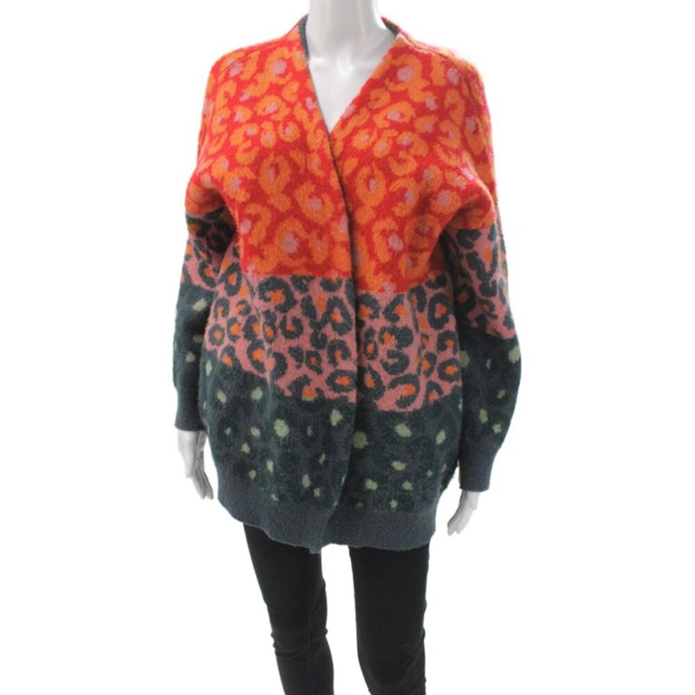 Farm Rio Unisex Orange Animal Print V Neck Cardigan Long Sleeve Size M